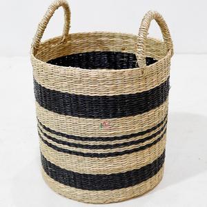 Panier de rangement circulaire en jonc de mer de style nordique avec poignées, motif pied-de-poule noir et beige, écologique, bac multi-usages - Product Image 5