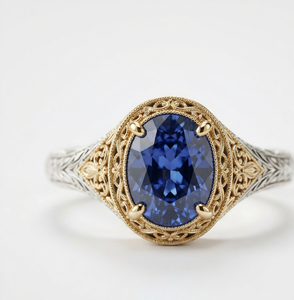 Anillo de Compromiso y Boda Vintage de Plata Chapada con Cuarzo Ovalado Azul para Mujer, Personalizable - Product Image 1