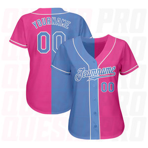Mesh Full Dye Sublimation Custom Button Down Baseball Jersey Pink <b>Light</b> Blue-White Authentic Split Fashion Baseball Jersey - Product Image 2