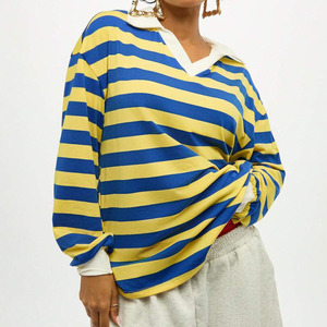 เสื้อโปโลถักลายทางสีน้ำเงินเหลือง แขนยาว สไตล์วินเทจ สำหรับผู้หญิง คอวี ทรงปกติ ความยาวปกติ ลายทางแบบรักบี้ - Product Image 4