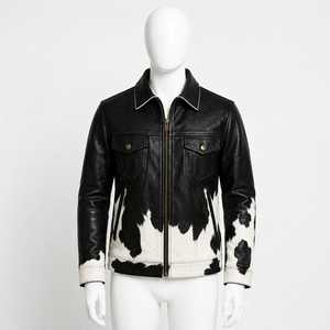 Veste de motard en cuir véritable pour homme, motif vachette, col rabattu, fermeture éclair, coupe classique, automne, décontractée - Product Image 1