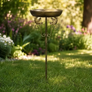 Mangeoire extérieure pour oiseaux en laiton moulé, double station d'eau et de nourriture, bain pour oiseaux sauvages avec support en laiton, pour patio - Product Image 2