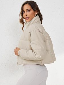 Women's <b>Cropped</b> <b>Puffer</b> <b>Jacket</b> Long Sleeve Puffy Coat Stand Collar Zip UP Quilted Padded Drawstring Outwear with Pockets - Product Image 4
