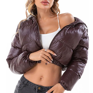 Chaqueta Corta Acolchada con Capucha para Mujer, Chaqueta de Invierno Corta de Cuero Sintético Marrón, Chaqueta Acolchada de Burbujas - Product Image 3