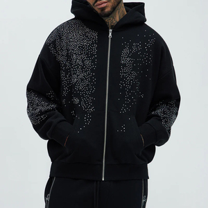 Sudadera con Capucha Negra para Hombre, Corte Regular, Larga, con Pedrería, Estilo Urbano, Informal de Invierno, Transpirable, 100% Algodón - Product Image 4
