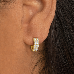 14K 18K <b>Solid</b> <b>Gold</b> Double Row Pave <b>Huggie</b> Hoop Earrings E VVS VS Round Lab Grown Diamond CVD HPHT Fine Women Bridal Jewellery - Product Image 2