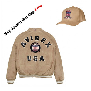 High Quality Wholesale Professional <b>Leather</b> Avirex USA <b>Suede</b> <b>Jacket</b> With Matching Cap Free Offer Tan Color Men's Bomber Style - Product Image 1
