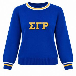 Royal Blue Greek Letter Crewneck Sweater with Gold Chest Graphic <b>White</b> Gold Striped Collar Cuffs Long Sleeve <b>Knit</b> Pullover Style - Product Image 1