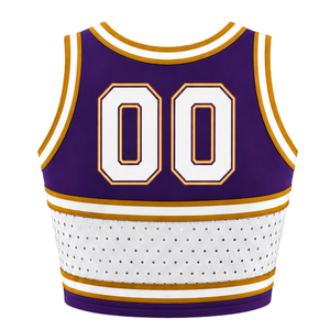 Ensemble d'uniforme de cheerleading violet, blanc et or, avec crop top et jupe plissée, sans manches, col en V, pour performance et entraînement d'équipe athlétique - Product Image 5