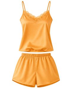 Golden Yellow Satin Camisole Shorts Set Women Sleepwear <b>Lace</b> Trim Spaghetti Strap Breathable Summer Nightwear Pajama Set Lounge - Product Image 1