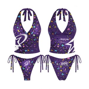 Women Bathing Suit Premium Polyester Spandex Purple Print Halter Tie Side <b>String</b> Custom HeatTransfer Logo women for Bathing Suit - Product Image 1