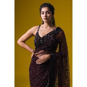 Sari de soirée marron FB Designer avec sequins et broderies, taille M, 950g, pour tenue de club - Product Image 3