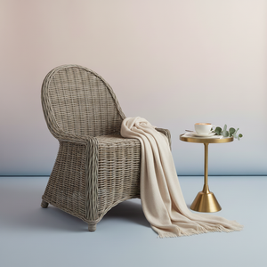 Handwoven Scandinavian Linen Upholstered Rattan <b>Dining</b> Chair Elegant Outdoor Wicker <b>Armchair</b> High Back Accent Cafe Garden - Product Image 1