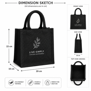 Sac fourre-tout en tissu de jute écologique, Live Simply, choisissez un sac cadeau durable, noir - Product Image 2