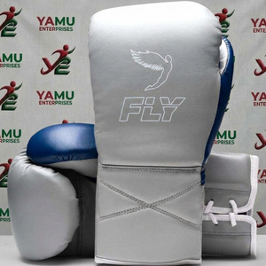 Gants de boxe en cuir blanc et bleu FLY, à lacets, équipement d'entraînement professionnel, équipement de sparring et de combat - Product Image 4