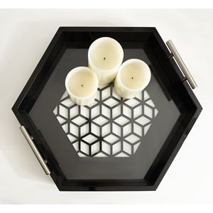 Wholesale Luxury Hexagonal Black Serving <b>Tray</b> Bulk Hotel Platter with Elegant Geometric Cutout Base and Silver Side Handles - Product Image 4