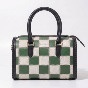 Green And White Genuine Leather Checkered Hair On <b>Patchwork</b> Handbag Crossbody Duffel <b>Bag</b> Cowgirl Western Hair-on Hide Speedy <b>Bag</b> - Product Image 3
