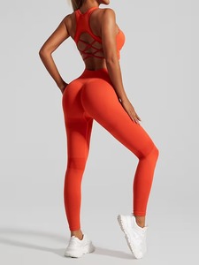 Seamless Two Piece Gym Outfit Criss Cross <b>Open</b> Back Support <b>Bra</b> with Tummy Control Ribbed Waist Athletic Tights Yoga Suit - Product Image 3