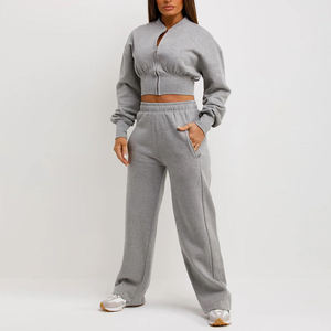 Ensemble de survêtement 2 pièces pour femme, coupe classique, haut court uni à capuche, en molleton de coton écologique, style vintage, séchage rapide, respirant - Product Image 4