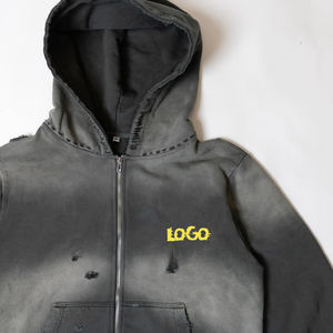 Sudadera con Capucha y Cremallera para Hombre, Teñido Degradado, Algodón Negro, Felpa Francesa, Estilo Casual de Otoño, Corte Regular, Bolsillo Frontal con Logotipo - Product Image 6