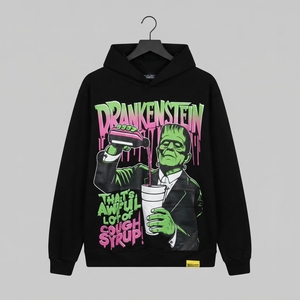 เสื้อฮู้ดพิมพ์ลาย Drakenstein Frankenstein สำหรับผู้ชาย ทรงโอเวอร์ไซส์ สไตล์สตรีทแวร์ สีดำ ผ้าฝ้าย มีกระเป๋า - Product Image 2