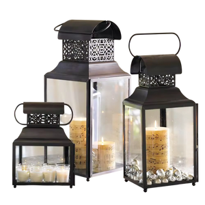 Juego de portavelas de hierro con velas con notas musicales para decoración navideña del hogar, patrones recortados, linterna con luz LED sin llama - Product Image 1