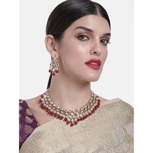 Gold Plated Ethnic <b>Necklace</b> Earring <b>Set</b> With Red Stones And <b>Pearls</b> For Women Wedding Jewelry - Product Image 6