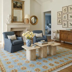 Alfombra de Lana Azul Tejida a Mano Z&H HOME, Diseño Floral, Antideslizante, Apta para Mascotas, Pelo Corto y Grueso, Decoración Moderna para el Hogar - Product Image 3