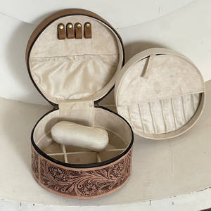 Vintage Floral Cowhide Full Hand Tooled <b>Leather</b> Round <b>Jewelry</b> <b>Box</b> Floral Embossing Vintage Style Durable <b>Jewelry</b> Storage Case - Product Image 6