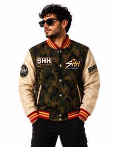 SHH INDUSTRIES Custom Camo Varsity <b>Jacket</b> <b>Men</b> Embroidered Logo Baseball Bomber <b>Jacket</b> Leather Sleeves Streetwear Letterman - Product Image 4