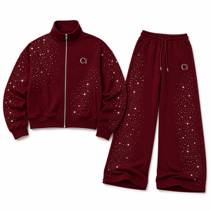 Luxury <b>Burgundy</b> Rhinestone <b>Hoodies</b> Oversized Zip Up Sweatshirt Custom Heavyweight Fleece Baggy Joggers Y2K Stand Collar Jackets - Product Image 4