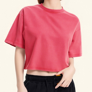 Camiseta de Mujer, Tejida, 100% Algodón, Corte Recortado, Logotipo Cruzado, 240g, Estilo Retro Vintage, Lavado Ácido, Transpirable, Corte Holgado - Product Image 3
