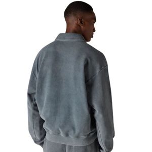 Sweat-shirt polo côtelé gris épais délavé à manches longues et col tricoté, style décontracté pour homme, coupe confortable, qualité supérieure - Product Image 5