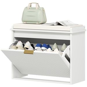 Panca Portascarpe Bianca 62x26x47 cm con Cuscino Imbottito e Cassetto a Ribalta, Mobile Scarpiera per Ingresso - Product Image 1