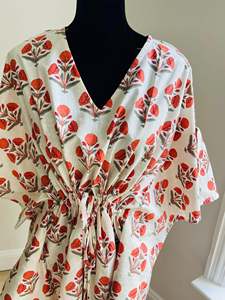 Robe longue kaftan imprimée à la main en coton, robe maxi, robe de plage à col en V, robe d'été pour elle, cadeau d'Halloween, robe à imprimé floral, kaftan - Product Image 3