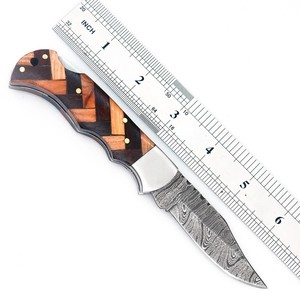 Cuchillo Plegable de Acero Damasco Nordic Forge con Mango de Madera de Olivo y Palisandro, Funda, para Bolsillo, EDC, Caza, Camping, Grado Industrial - Product Image 3