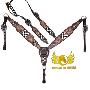 Harnais et collier de poitrine en cuir véritable noir et blanc à carreaux, durables, légers et multifonctionnels pour chevaux. - Product Image 4