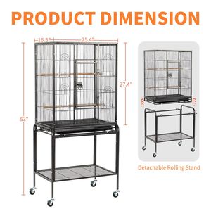 Gabbia XL per Allevamento Pappagalli con Supporto su Ruote e Ripiano Portaoggetti per Agaporni, Calopsittici e Parrocchetti - Nera - Product Image 2