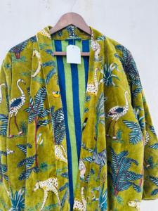 Kimono unisexe en velours, robe longue en coton, manches longues, col en V, fermeture à cordon, style classique, tissu tissé doux, motif floral - Product Image 6
