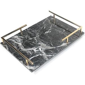 <b>Black</b> Marble Serving Tray with Gold Metal Handles Decorative <b>Vanity</b> Tray Coffee <b>Table</b> Ottoman Kitchen Counter Organizer - Product Image 1