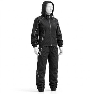 Conjunto Deportivo de Dos Piezas para Mujer, Sudadera con Capucha Negra, Cierre de Cremallera, Resistente al Viento, Manga Larga, Pantalones Deportivos de Color Sólido - Product Image 2