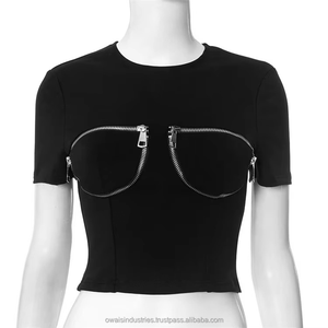 Camiseta corta con estampado de logotipo personalizado para mujer, camiseta informal de verano con cremallera y bolsillos en el pecho, ropa de calle a la moda. - Product Image 2