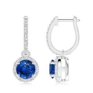 Pendientes de Oro Sólido de 14K con Zafiro Azul y Diamantes, Pendientes Huggie con Halo Redondo de Zafiro, Fabricante OEM ODM, Regalo para Novia - Product Image 1