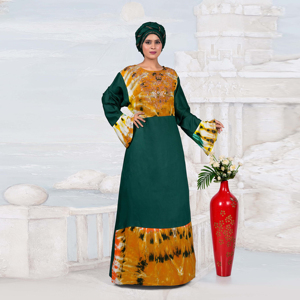 Robe longue islamique pour femme, style kaftan modeste en rayonne, avec col orné de diamants, motif tie-dye, manches longues, style Moyen-Orient - Product Image 4