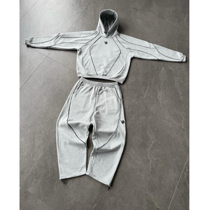 Ensemble de survêtement gris à capuche court |   Survêtement technique à empiècements |   Ensemble Athleisure Oversize |   Fabricant de Marques Privées OEM - Product Image 1