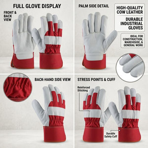 Gants de travail en cuir de vachette grainé de qualité supérieure, résistants à la chaleur, anti-vibrations, dos rouge, doublure en tissu de coton perforé, manchette caoutchoutée de sécurité - Product Image 5