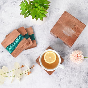 Handmade Modern Acacia <b>Drink</b> Mats Set of 4 Resin and Wood <b>Coasters</b> with Optional Non-Slip Feet for Tabletop Protection - Product Image 4