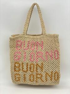 <b>Boho</b> Jute Tote <b>Bag</b> with Buon Giorno Embroidery Shoulder Length Handle Customized Size Open Top Beach Shopping - Product Image 2