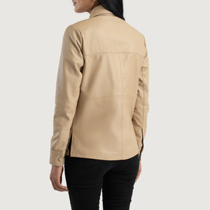 Chaqueta de Cuero Beige Genuino Ecológico de Alta Calidad para Mujer, Estilo Motero, Accesorios, Venta al por Mayor, Colores Personalizados, Logotipo OEM, Botones - Product Image 4
