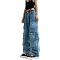Multi Pocket Blue Washed Jeans Cargo Pants Retro Streetwear Fashion High Waist Jeans Couple Casual Wide Leg Pants